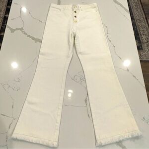Charlotte Brody White Denim High Rise Flare Jeans Brass Buttons Fringe USA Sz 30